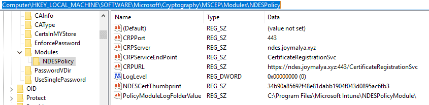 Intune SCEP Certificate Workflow - NDESPlugin Module Initialization - Information is retrieved from Registry