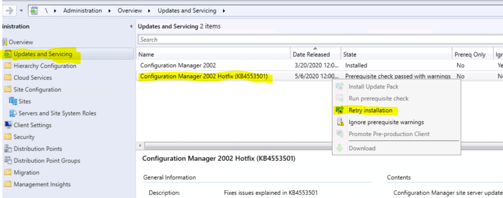 Retry ConfigMgr Hotfix Installation