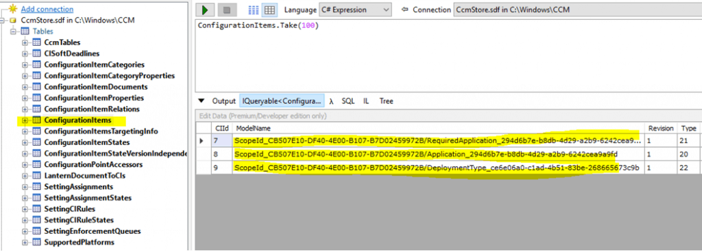 Snip form the CCMStore.sdf, it lists down the details of the application we pushed