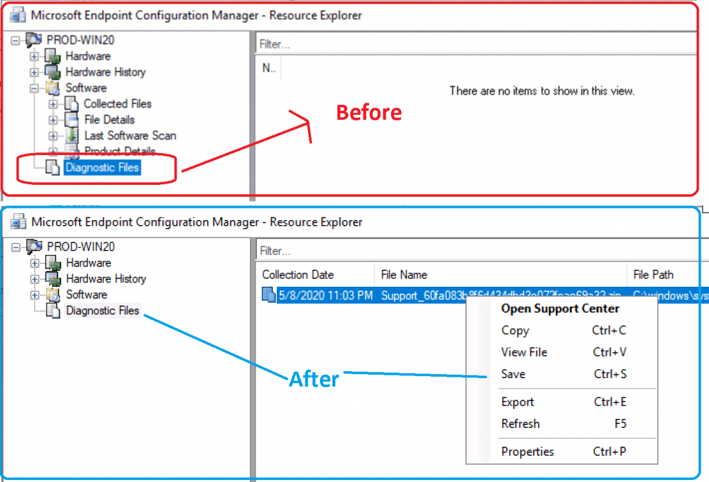 Diagnostic files details from SCCM Resource Explorer 