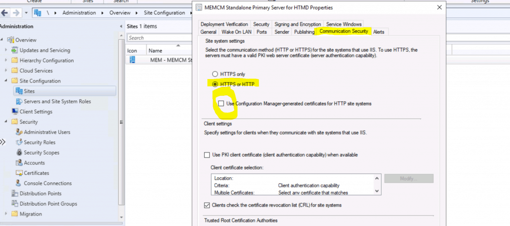 Console Connections  - ConfigMgr 2002 version works without enabling Use Configuration manager generated certificates for HTTPS site systems from Primary server.