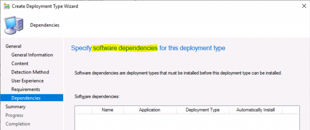 Specify software dependencies for this deployment type