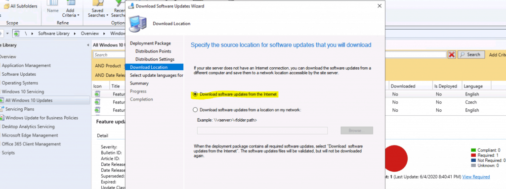 Upgrade to Windows 10 2004 Using SCCM - Download Software update from the internet