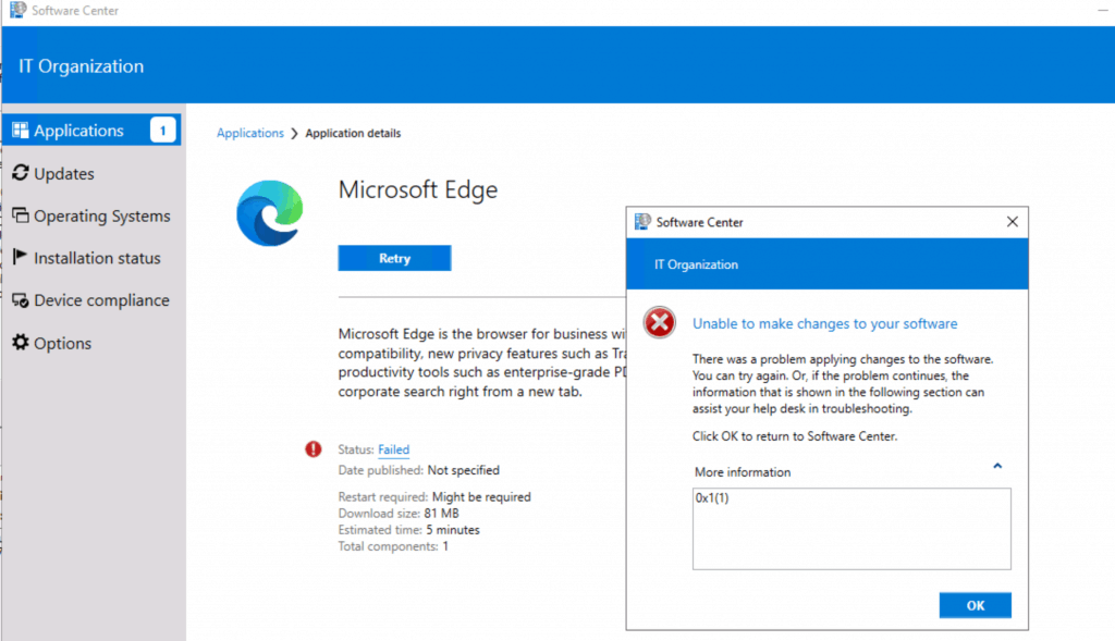 SCCM - ConfigMgr - Edge Chromium Unmatched Exit Code (1) Is Considered An Execution Failed