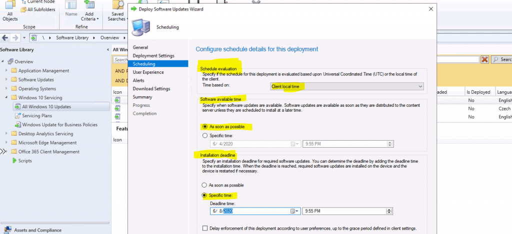 Schedule Details for Windows 10 Servicing Deployment using SCCM ConfigMgr