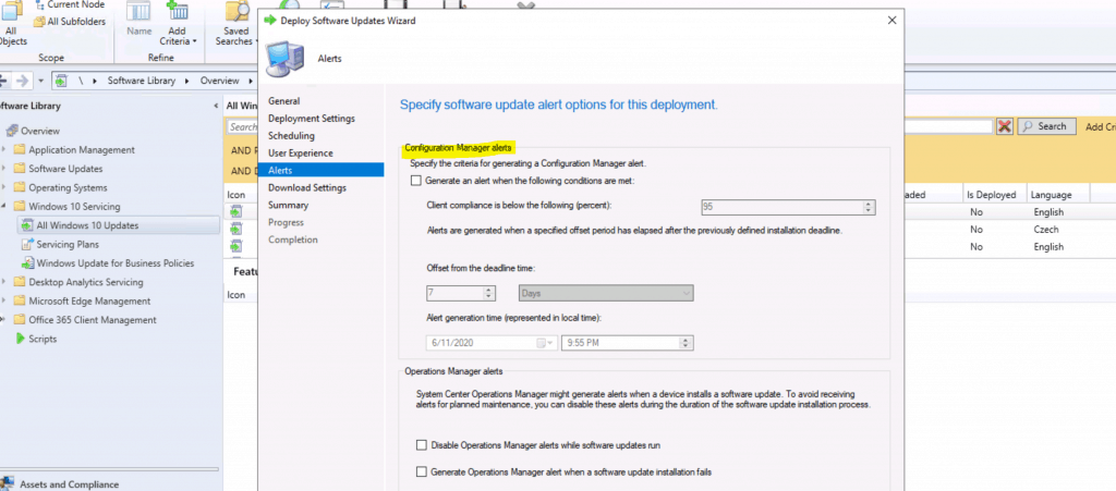 alert configuration for Windows 10 servicing deployment