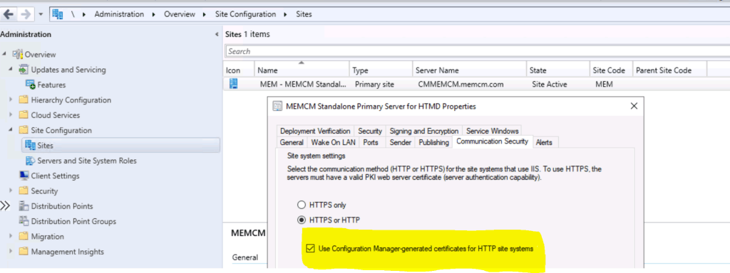 Use Configuration Manager generated certificates for HTTP site systems - ConfigMgr Sites that don't have Proper HTTPS Configuration Issue