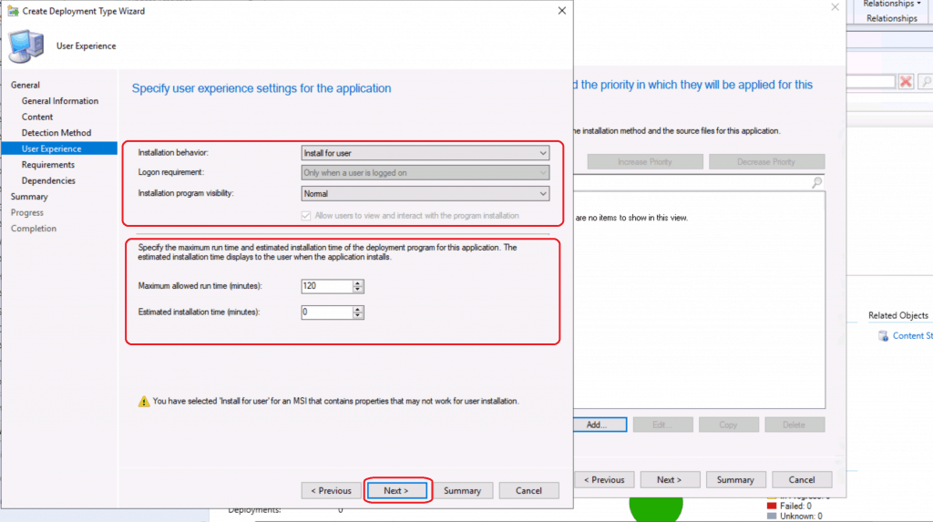 Specify User Experience settings for the application ConfigMgr SCCM