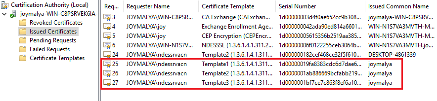 SCEP service made the certificate requests to the CA using the unique templates as intended, defined by the Key Usage parameter of the CSR.