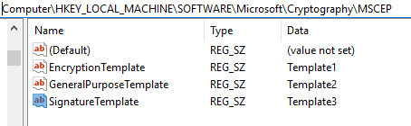 SCEP service retrieves the Key Usage value from the CSR and uses it to determine the template to use as defined in the MSCEP registry.