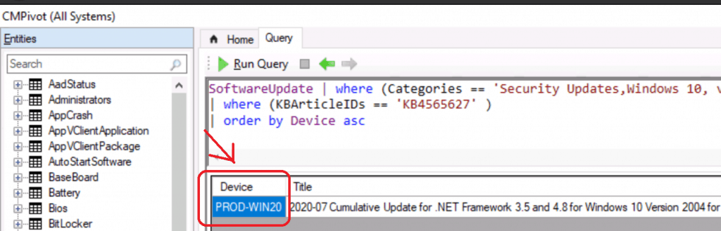 CMPivot Results - Find Devices Missing Patches using SCCM CMPivot Query