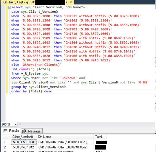 SCCM Client Version Dashboard SQL Query Custom Report 1