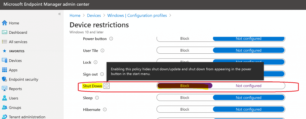 AVD Disable Shutdown Button for Windows 10 Devices Using Intune