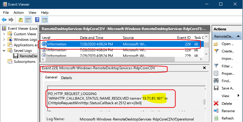 WVD Event Logs RDP Listener Reverse Connect Tcp Udp Windows 10