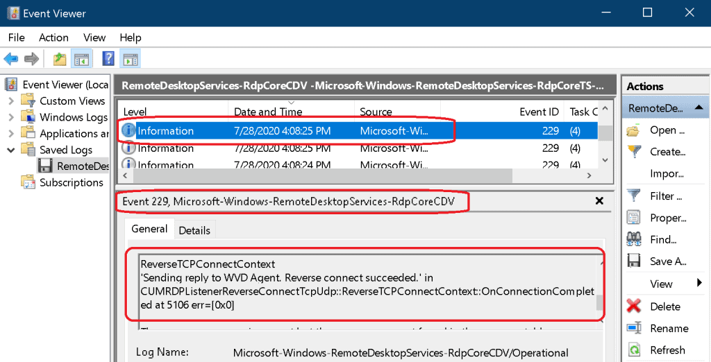 WVD Event Logs RDP Listener Reverse Connect Tcp Udp Windows 10