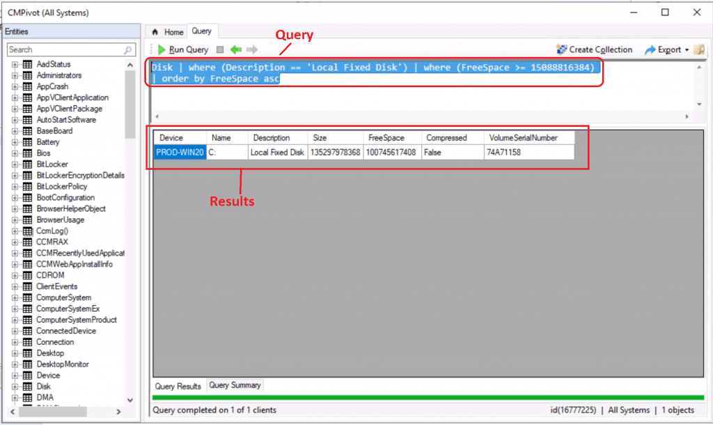 SCCM CMPivot Query Devices with Greater than 15 GB Free Disk Space 1