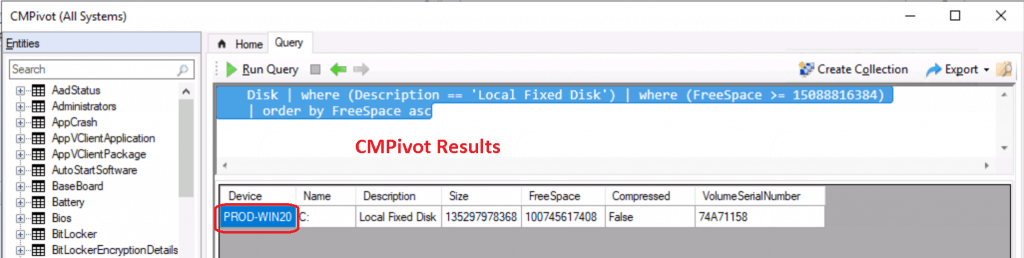 SCCM CMPivot Query Devices with Greater than 15 GB Free Disk Space 2