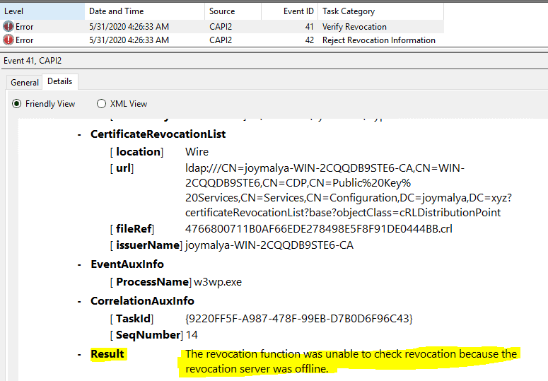 Intune SCEP Errors - HTTP Error 500 - CAPI2 Looging - Unable to retrieve CRL from CDP - Revocation server was offline