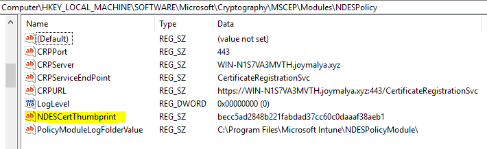 Intune SCEP HTTP Error 503 - IIS SSL Binding Cert thumbprint must match with the NDES Policy Module Cert thumbprint