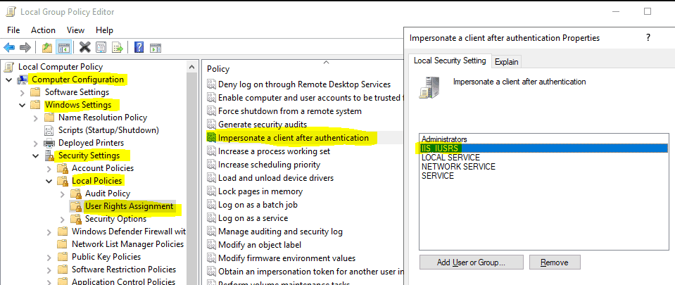 Intune SCEP HTTP Error - IIS_IURS group should have the Imperosnate a client after authentication user rights assigned.