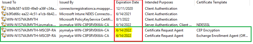 Intune SCEP HTTP Error - Ensure the MSCEP RA Certificates (CEP Encryption and Exchange Enrollment Agent) are not in expired state.