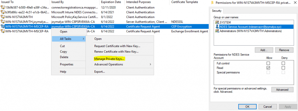 Intune SCEP HTTP Error - NDES Service Account must have Read permission for the MSCEP RA Cert private keys (Both CEP Encryption and Exchange Enrollment Agent)