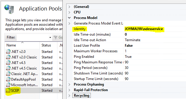 Intune SCEP Error - HTTP Error 500 - IIS SCEP Pool runs under NDES Service Account identity - Ensure NDES Service Account password is not expired and account is in unlocked state.