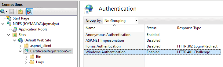 Intune SCEP Error - HTTP Error 500 - CertiticateRegistrationSvc [CRP] in IIS has Windows Authentication Enabled?