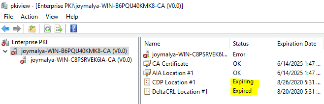 Intune SCEP Errors - HTTP Error 500 - pkiview.msc - Root CA CRL expired causing Issuing CA certificate services to stop post server restart