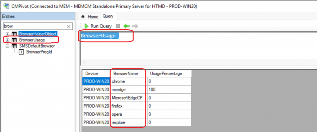 SCCM CMPivot Browser Related Queries Default List of Browsers