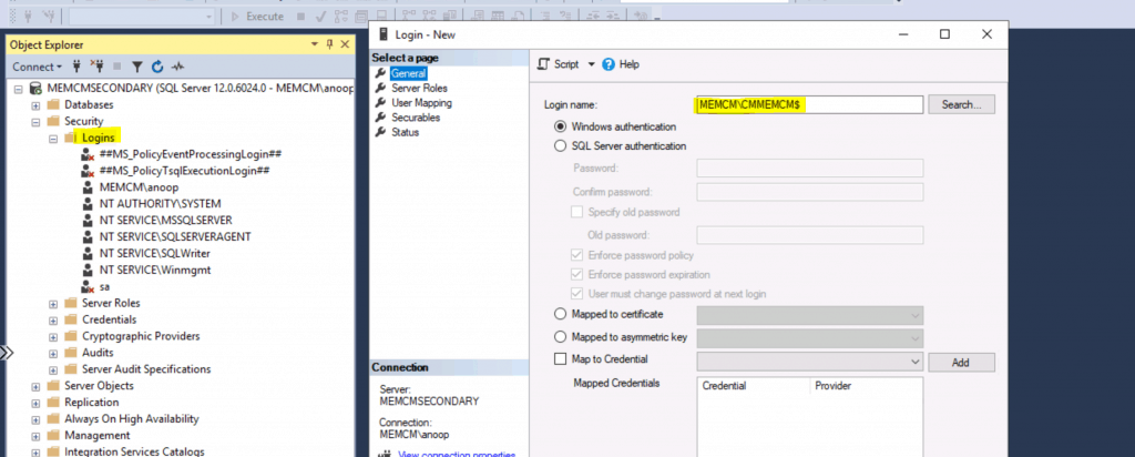 Add SCCM Server Computer Account to SQL Login Sys Admin Access