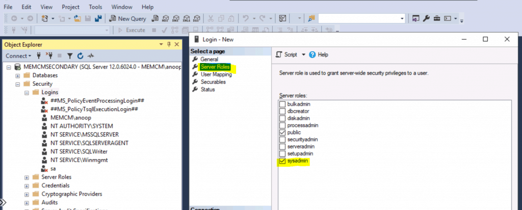 Add SCCM Server Computer Account to SQL Login Sys Admin Access - Fig.3