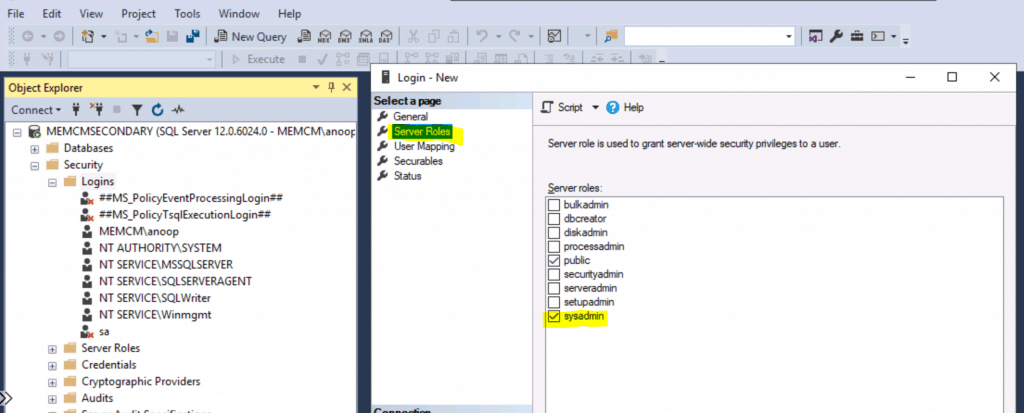 Add SCCM Server Computer Account to SQL Login Sys Admin Access 1