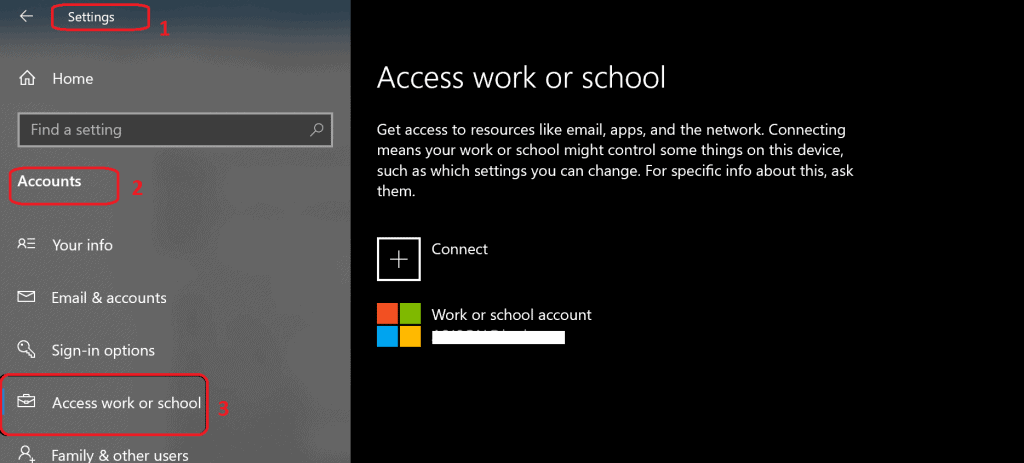 Shortcut for Access work or school  Accounts | Windows 10 Settings Apps