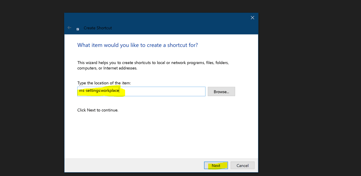 Shortcut for access work or school accounts windows 10 settings apps