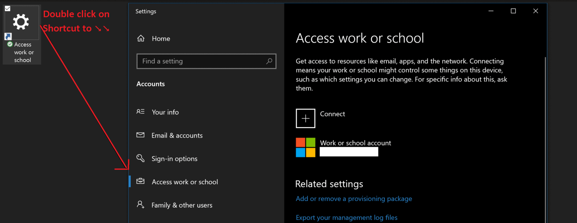 Shortcut for access work or school accounts windows 10 settings apps