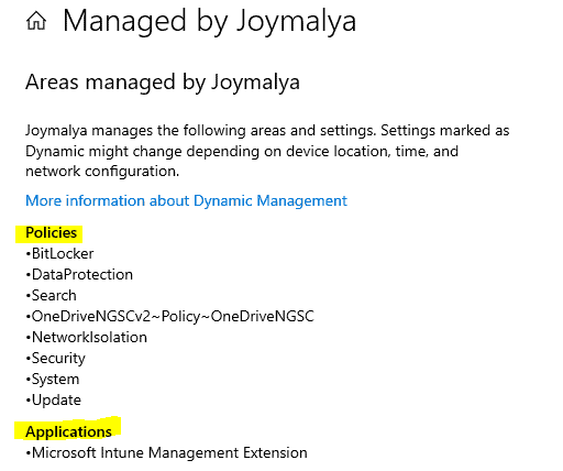 Windows 10 MDM Log - Verify the applied policies from the overview of Work Account