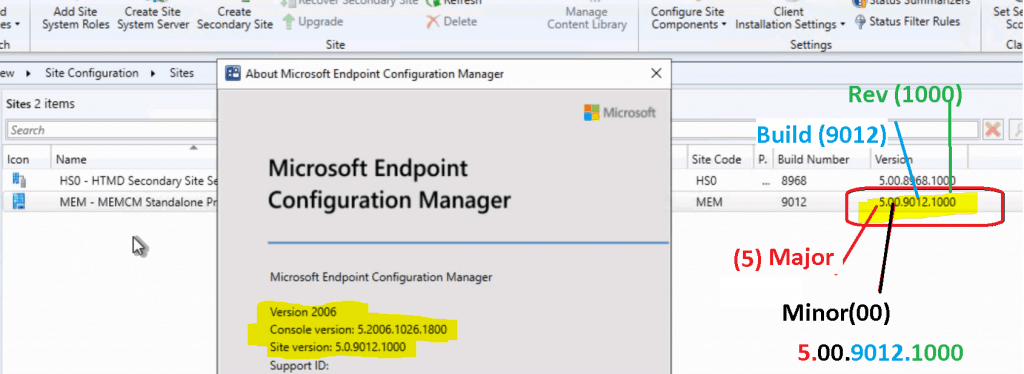 SCCM Versions Build Numbers Client Console Site 1 ConfigMgr Version Numbers | Major Minor Build Rev of SCCM