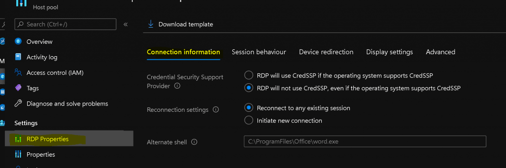 Connection Information Azure Virtual Desktop RDP Settings