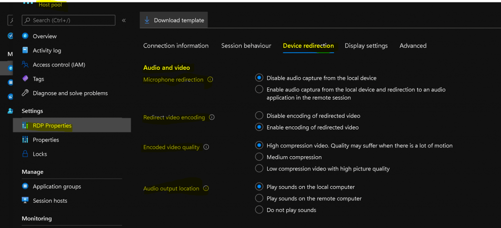  AVD RDP Settings for Device Redirection