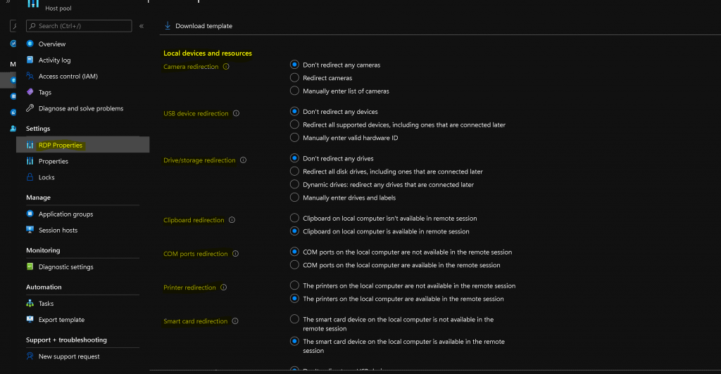 AVD RDP Settings Options Available -   AVD RDP Settings for Device Redirection 