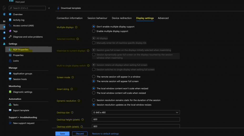 AVD RDP Settings Options for Display Settings