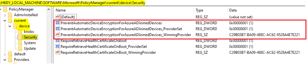 Easily Troubleshoot Windows 10 Intune MDM Policies - HKLM\SOFTWARE\MICROSOFT\POLICYMANAGER\current\Device\ will be the place to look for in registry to check if system succeeded in implementing the policy settings with the value as was configured.