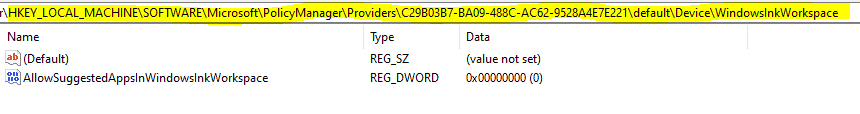 Easily Troubleshoot Windows 10 Intune MDM Policies - HKLM\SOFTWARE\MICROSOFT\POLICYMANAGER\PROVIDER\{PROVIDER GUID\default\Device\ shows that Intune delivered the policy settings as-is configured.