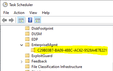 Easily Troubleshoot Windows 10 Intune Policies - Locating the current Enrollment ID - Way 2 using Task Scheduler. 
[NOTE: This is not the Intune Device ID]