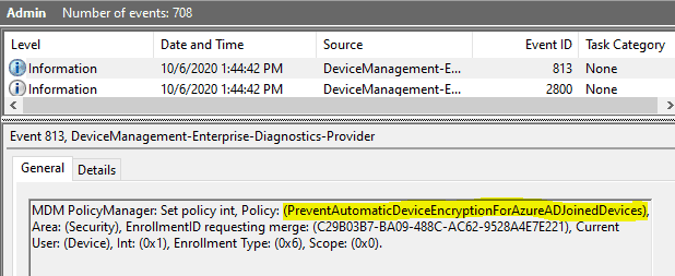 Easily Troubleshoot Windows 10 Intune MDM Policies - DeviceManagement-Enterprise-Diagnostics-Provider events should be your primary source to start digging for information related to mdm policy deployments and its outcome.