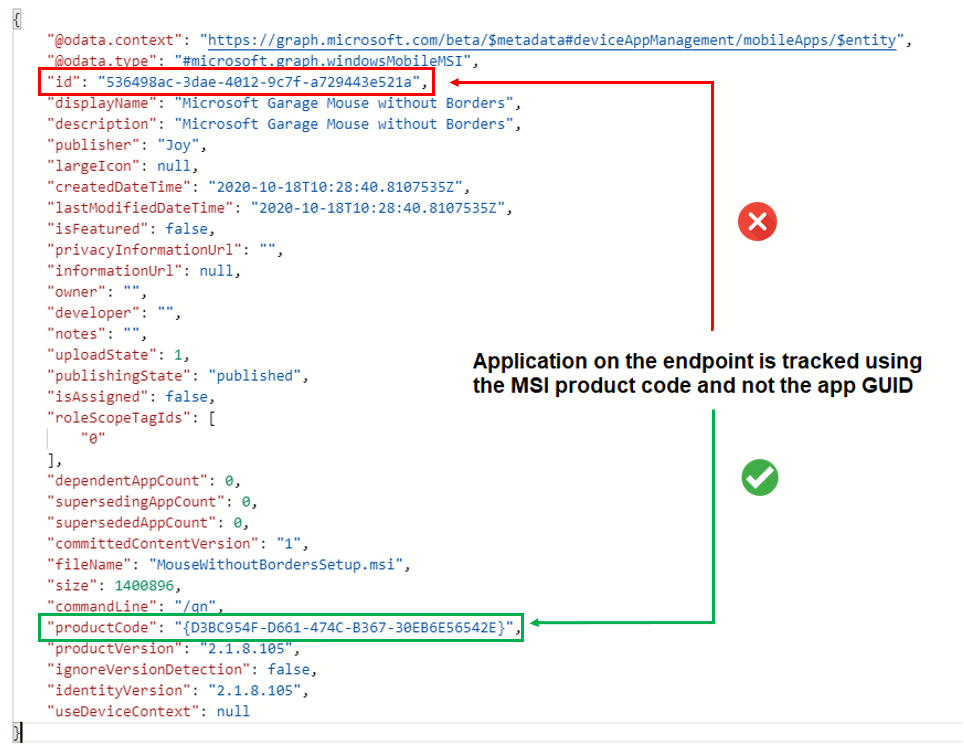 Windows 10 Intune App Deployment Support Help #2 - MSI app records on the endpoint (Windows Event and Registry entry) are created based on the MSI product code and not the app GUID as in Intune.