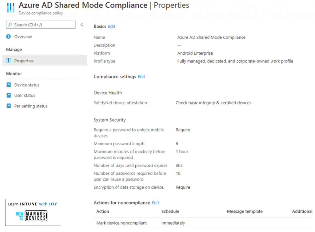 Compliance Policy to evaluate device compliance of a Dedicated device in Azure AD Shared Device mode