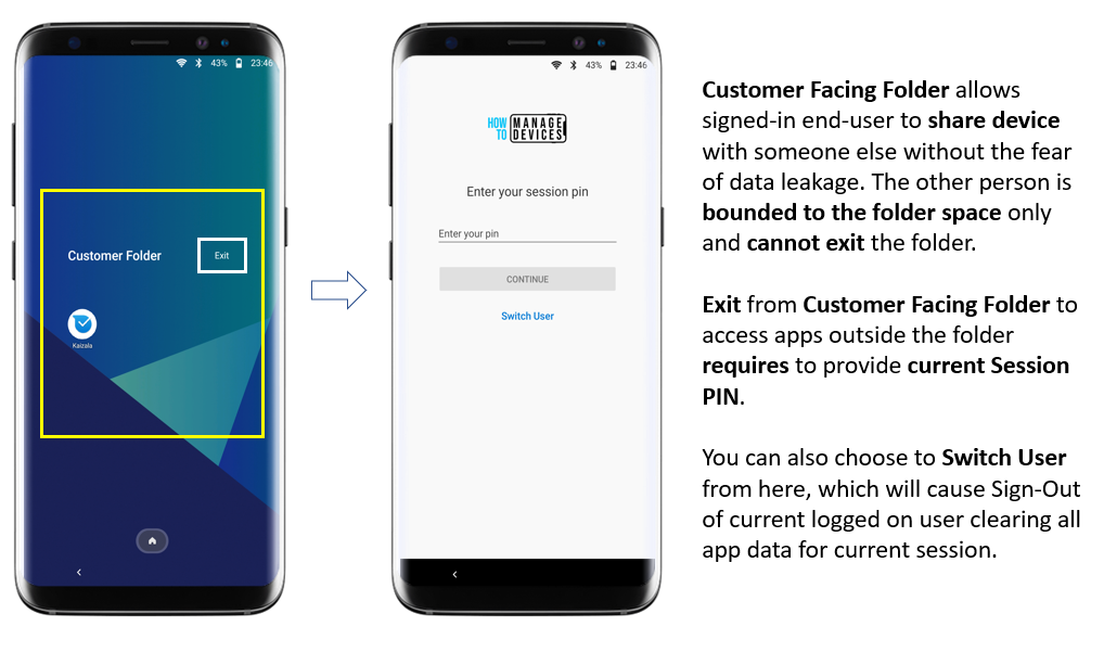 Azure AD Shared Device Mode and Managed Home Screen - Customer Facing Folder allows a signed-in end-user to share the device with someone else without the fear of data leakage. The other person is bounded to the folder space only and cannot exit the folder without providing the current session PIN.