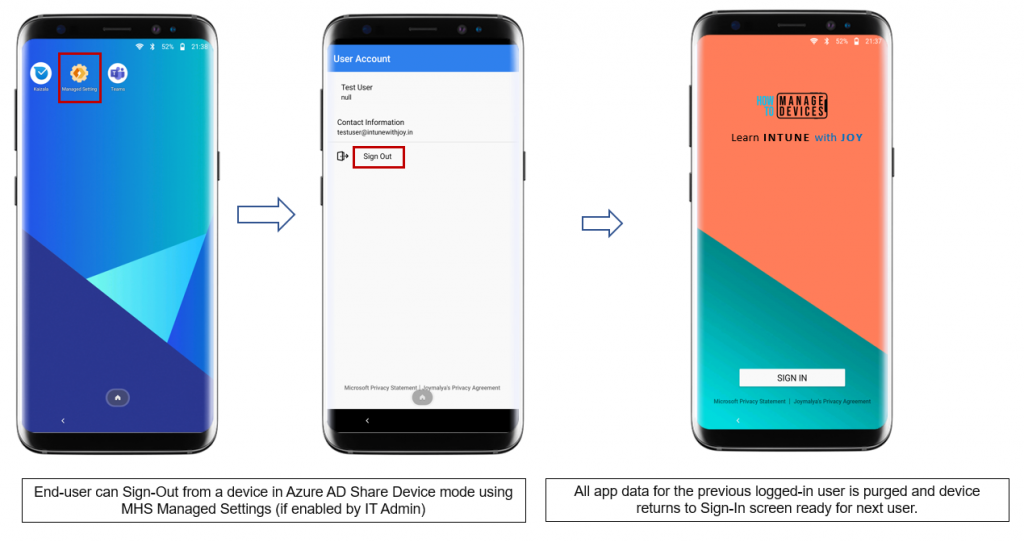 Azure AD Shared Device mode - Current signed-in users can also choose to end the session and sign-out from the Managed Settings screen of Managed Home Screen if enabled by IT Admin.